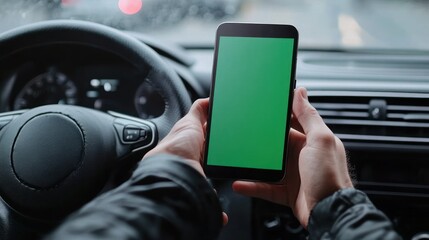 Close up of Man Using Smart Phone with Chroma Key Green Screen in Car