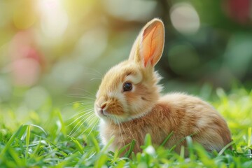 Wall Mural - Adorable brown bunny on green garden background symbol of Easter