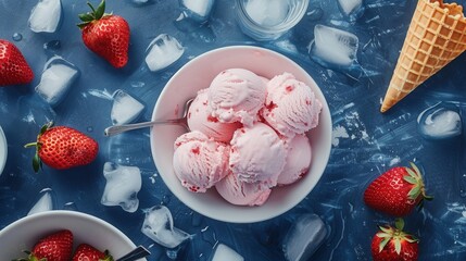 Wall Mural - Top view of tasty strawberry ice cream over blue background.