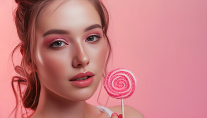 Beautiful young woman with creative makeup and lollipop on color background, closeup