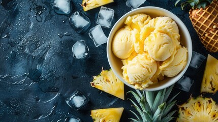 Wall Mural - Top view of tasty pineapple ice cream over blue background.