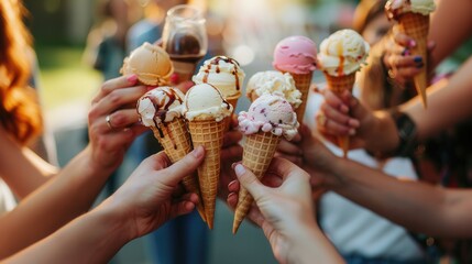 Wall Mural - Friends hold cone ice cream together to celebrate gothering.