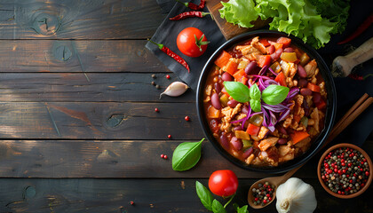 Wall Mural - Bowl with delicious chili turkey and fresh vegetables on wooden table