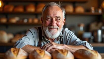 In a bakery, an elderly male baker smiles warmly, hands on sourdough bread. Warm light and depth highlight the textures, with a blurred background for text.












