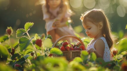 Canvas Print - Cute little girl with basket of fresh strawberry fruit in plantation farm field