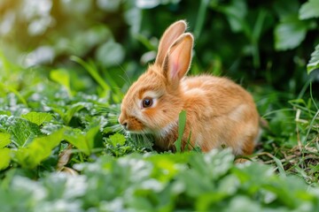 Red eared bunny on grass munching leaves in summer Easter bunny in garden Lovely pet furry Home happiness spring