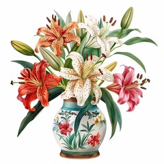 Wall Mural - vase with lilies illustration on a white background