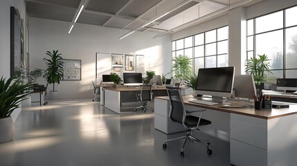 An office space with minimalist desks, each equipped with a computer, keyboard, and a few personal items