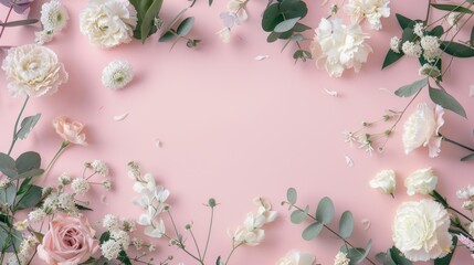 Poster - Delicate white and pastel flowers are artfully arranged on a soft pink background, creating a serene and elegant atmosphere