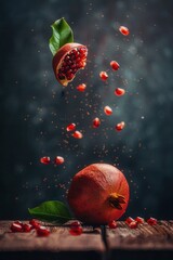 Poster - Fresh pomegranate fruit with seed grains flying in air