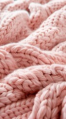 Poster - The luxurious texture of a soft pink oversized knitted blanket creates an inviting and cozy atmosphere