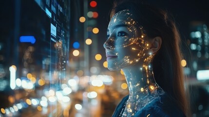woman with digital overlay looking out window at city lights