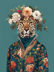 Wall Mural - Artistic portrait of a leopard dressed in floral clothing and adorned with a flower crown, set against a teal background, blending nature and fashion..