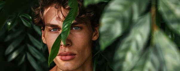 Wall Mural - Handsome man posing amidst lush green jungle leaves, looking mysterious.