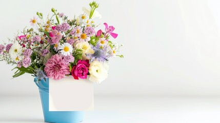 Romantic floral bouquet in blue bucket on white background with greeting card