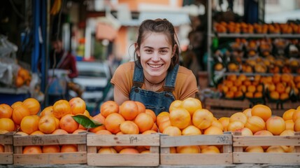 Portrait of smiling farmer with fresh orange fruit in store