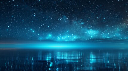 Abstract background with blue and green patterns and lines creating an abstract pattern on the surface of a calm sea, reflecting a starry night sky