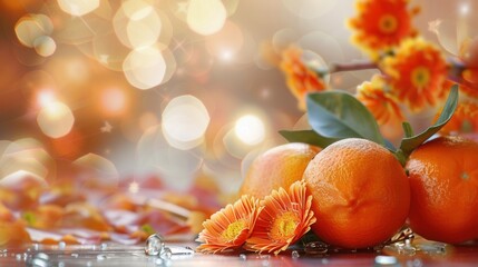 Fresh orange fruit on table with bokeh background