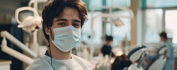 Young male dentist wearing a face mask, posing confidently in a dental clinic. Free copy space for banner.