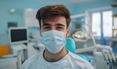 Young male dentist wearing a face mask, posing confidently in a dental clinic. Free copy space for banner.