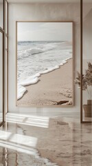 Poster - Bright sunlight filters through a modern space, highlighting a large ocean landscape with gentle waves washing onto the shore and sandy beach