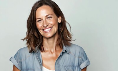 Wall Mural - Portrait of a smiling middle-aged woman in a denim shirt