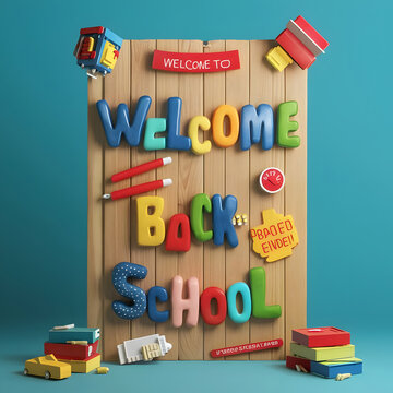 A poster for the welcome back to school, 3d render, photo, poster