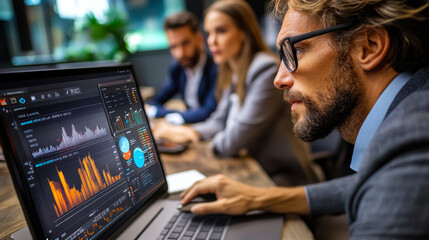 Poster - Business Team Analyzing Digital Marketing Data on Computer During Meeting in Modern Office - Professional Collaboration and Data Analysis Concept