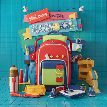 A poster for the welcome back to school, 3d render, photo, poster