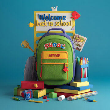 A poster for the welcome back to school, 3d render, photo, poster
