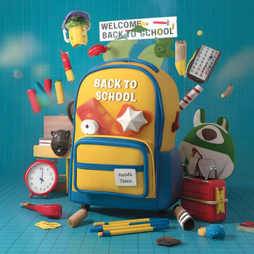 A poster for the welcome back to school, 3d render, photo, poster