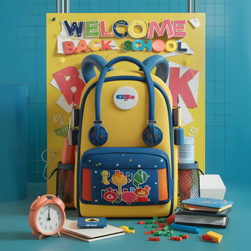A poster for the welcome back to school, 3d render, photo, poster