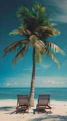 A palm tree shades two wooden chairs on the sandy beach, creating a relaxing spot with a picturesque view of the ocean and clear blue sky.