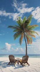 A palm tree shades two wooden chairs on the sandy beach, creating a relaxing spot with a picturesque view of the ocean and clear blue sky.