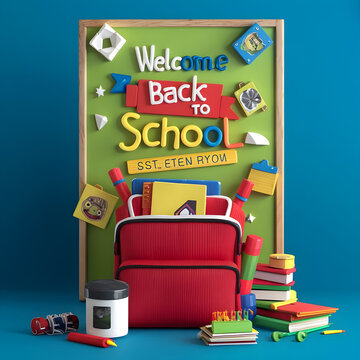 A poster for the welcome back to school, 3d render, photo, poster