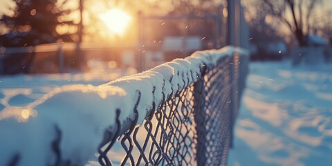 Wall Mural - Snow covered chain link fence after a blizzard