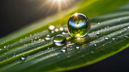 Close-up of water droplets on a vibrant green leaf reflecting sunlight, creating a mesmerizing scene.