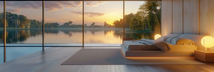 Wall Mural - Interior view of vacation house with scenic lake view at sunset