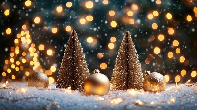 Golden Christmas trees with baubles in snow