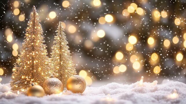 Golden Christmas trees with baubles in snow