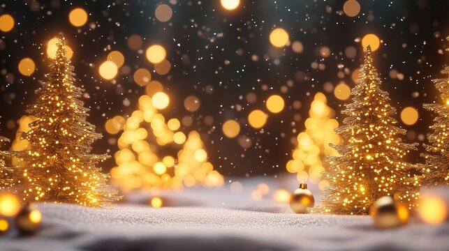 Golden Christmas trees with baubles in snow