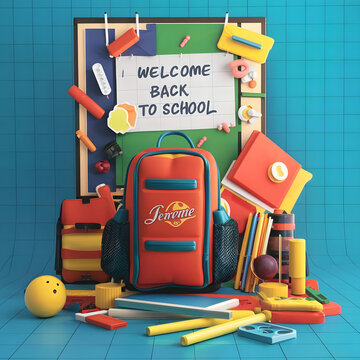 A poster for the welcome back to school, 3d render, photo, poster