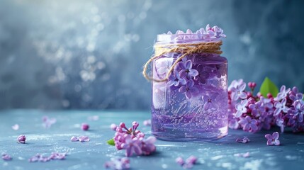 Wall Mural - Jar with rose water and lilac flowers for spa and aromatherapy with space for text