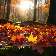 A soft and tranquil scene of fallen maple leaves in warm shades.