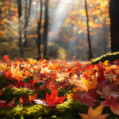 A soft and tranquil scene of fallen maple leaves in warm shades.