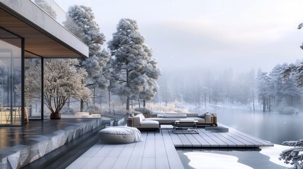 Wall Mural - Vacation house with winter scenic view by lake