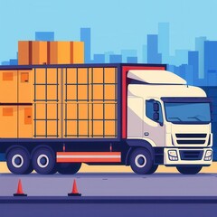 Truck unloading cargo, logistics process, flat design illustration