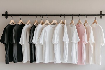 Wall Mural - A minimalist arrangement of black white and pastel colored shirts hanging neatly on a rack reflecting simplicity versatility and the understated elegance of modern fashion