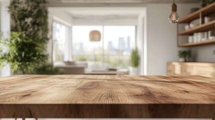 Wall Mural - Wooden Tabletop in a Modern Kitchen with Blurred Background