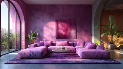 Wall Mural - Modern Minimalist Living Room with Trendy Lilac Walls